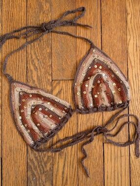 Vintage Anna Kosturova Crochet Brown Sequins Bikini Top